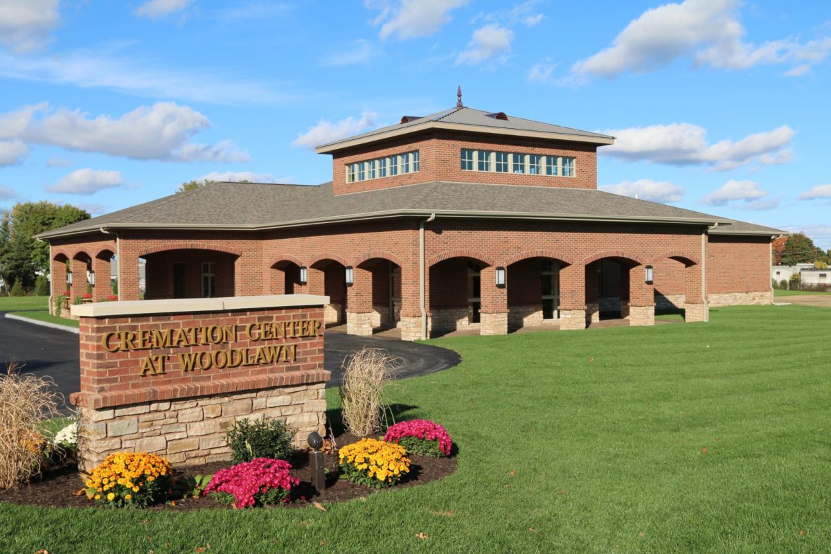 Cremation center building with sign